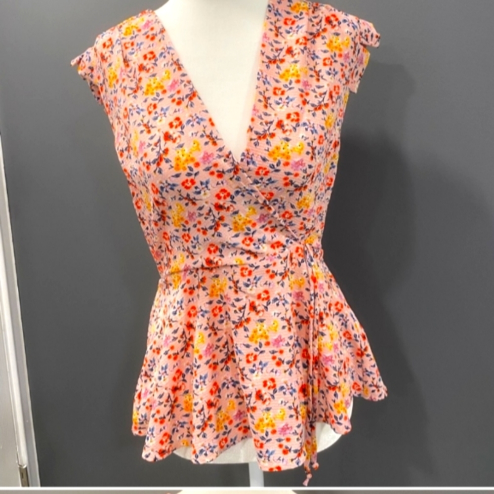 Monteau Pink and Floral Blouse Large S25 Ruffle Sleeve Tie Waist V Neck Girly